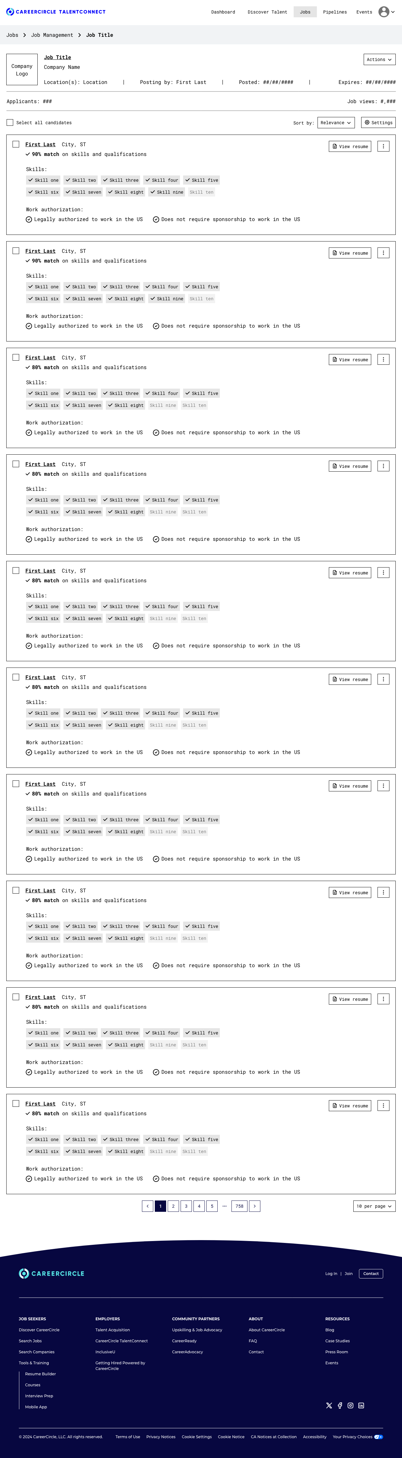 Candidate list with percentage match, skill checkmarks, and work authorization signals