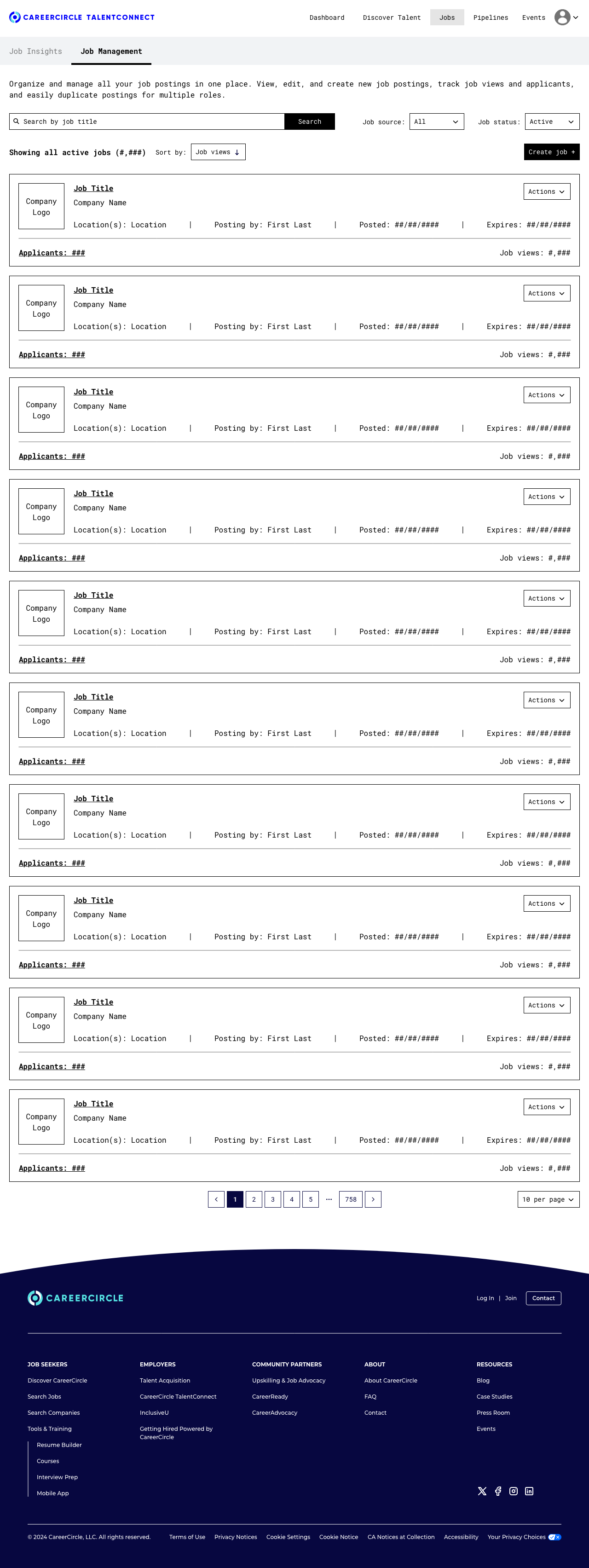 Job Management screen listing all job postings