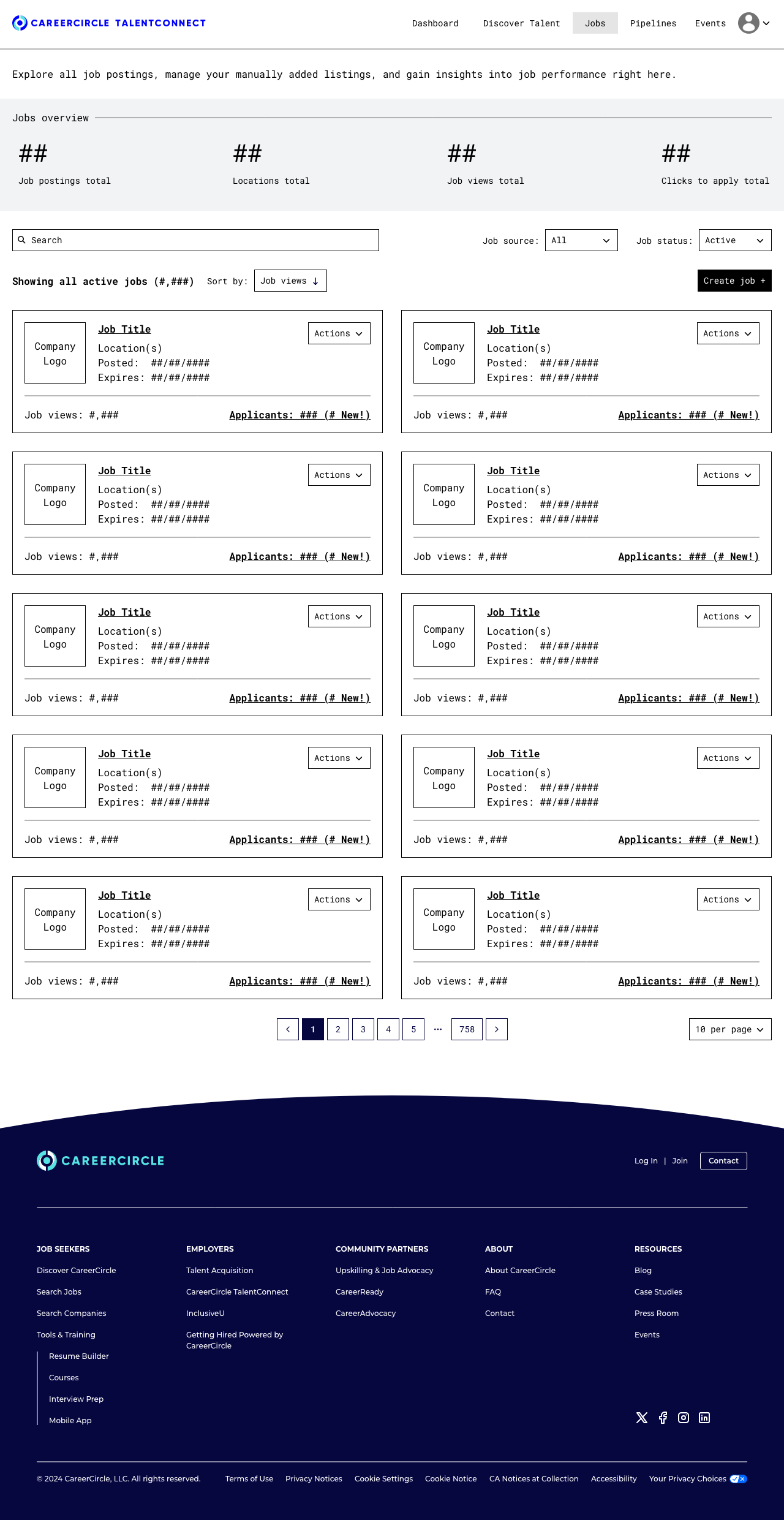 Low-fidelity wireframe of the Jobs screen