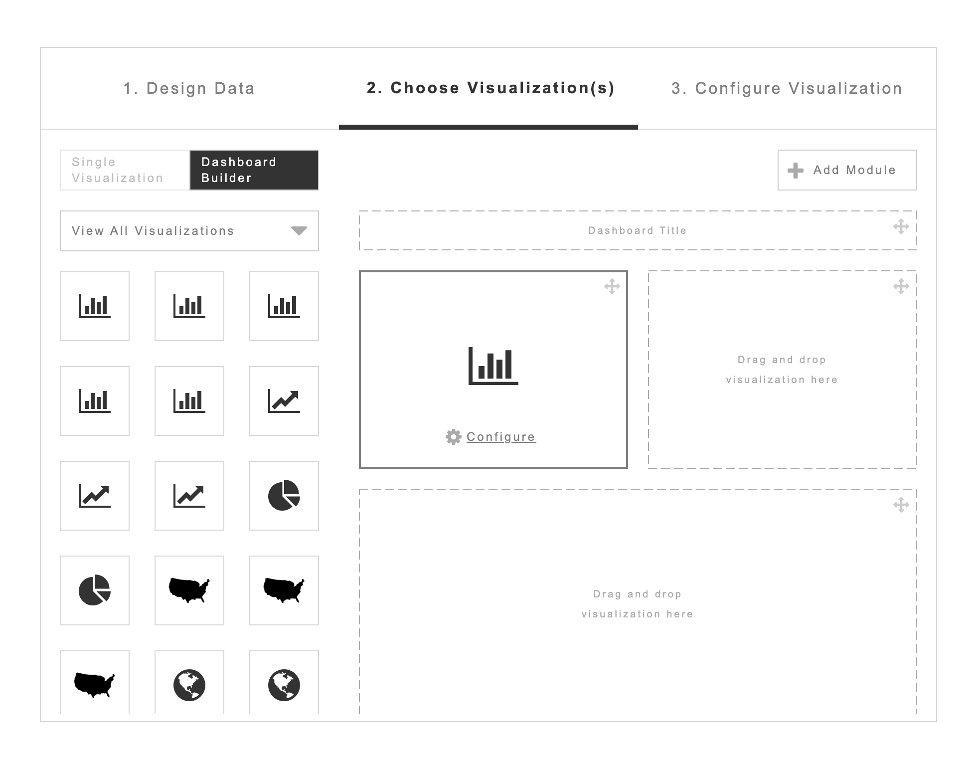 Dashboard Builder mode with drag-and-drop visualization modules