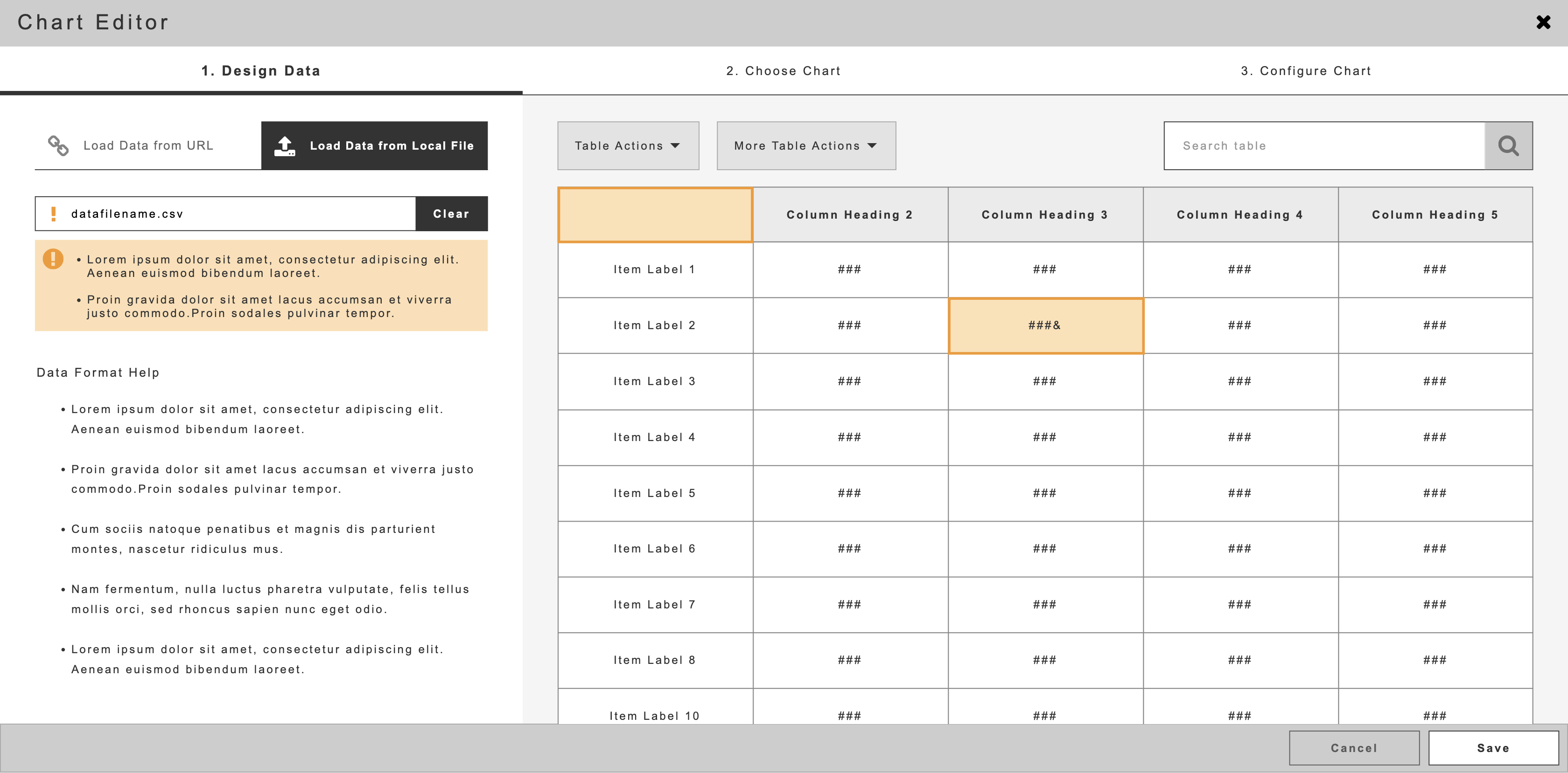 Design Data step showing an inline error state for an unparseable CSV, with a flagged column and cell